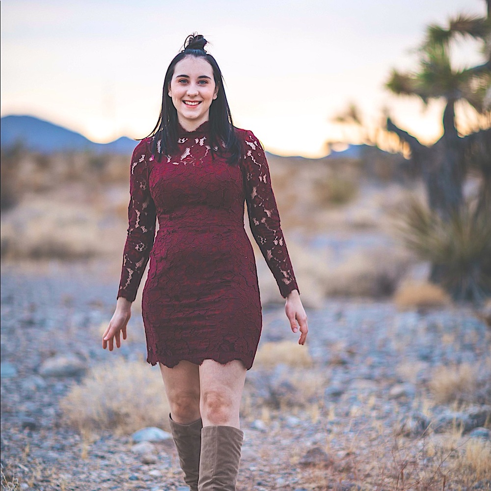 maroon lace  long sleeve dress